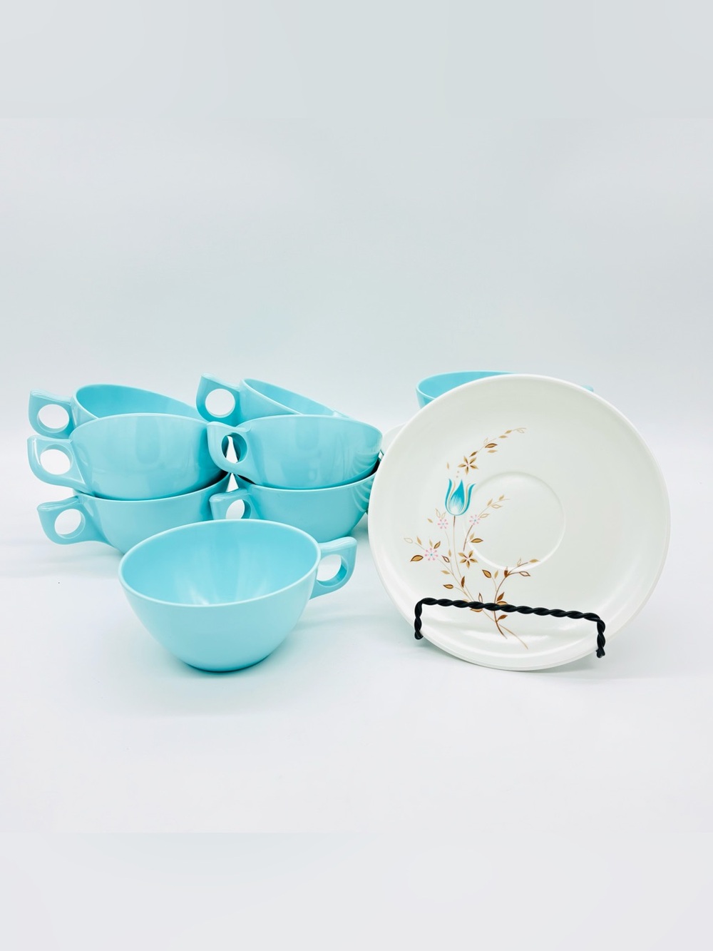 Vintage Lenox Ware Aqua Melamine Tea Cup Saucer Set 8 Floral Mid Century MCM USA